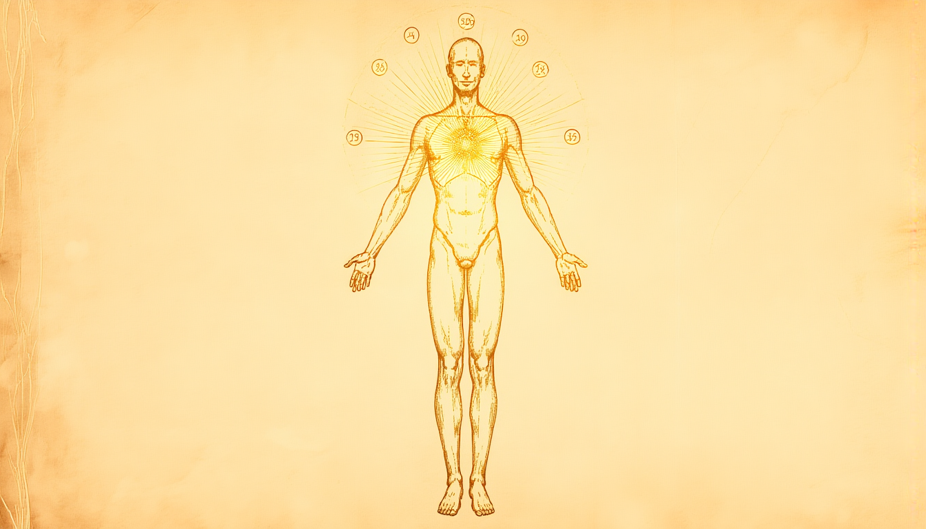 A line figure of a human body with a radiant glow at the heart and small marked points