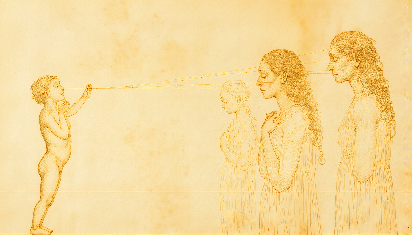 A child and three women in a row, connected by thin gold threads