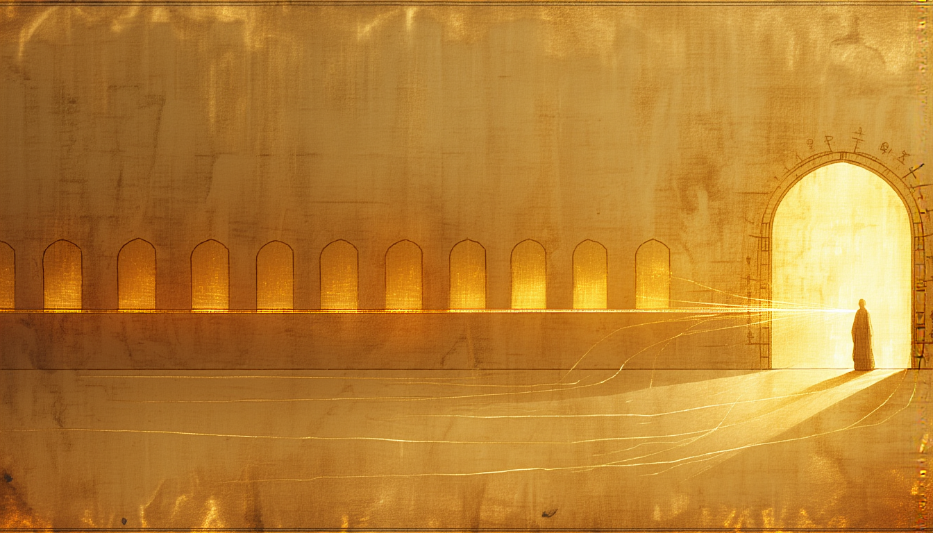 Six small doorways with gold threads converging on one glowing archway