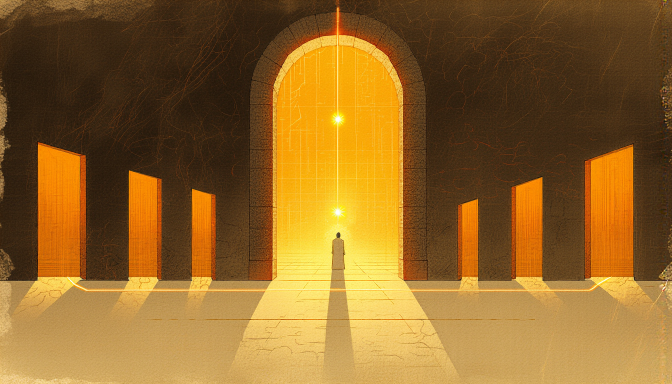 A figure standing in a glowing doorway, with six smaller doors in a dark wall behind